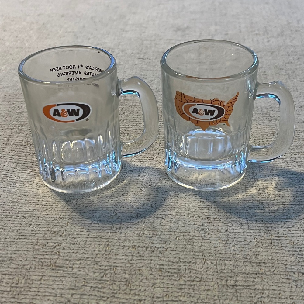 Vtg 1982 A&W Root Beer Mini Glass Mugs Set of 2 NSDA Atlanta Soda Memorabilia